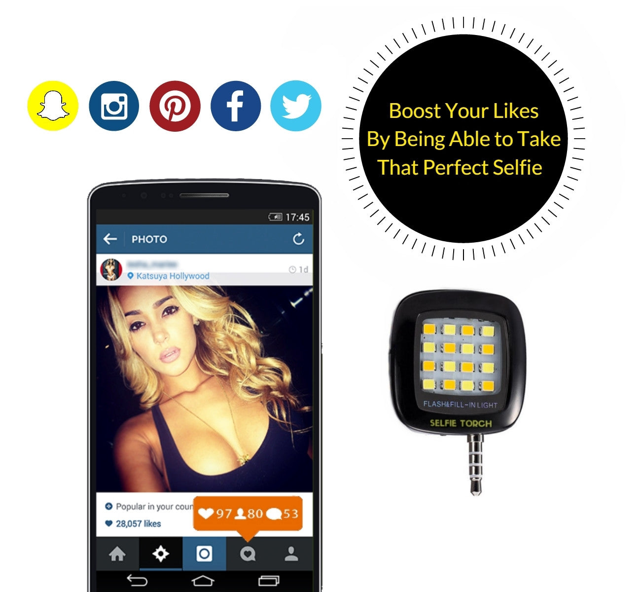 Selfie Torch - Perfect Light accessory to get those perfect celebrity status selfies. Can also be used as a flashlight for your phone.